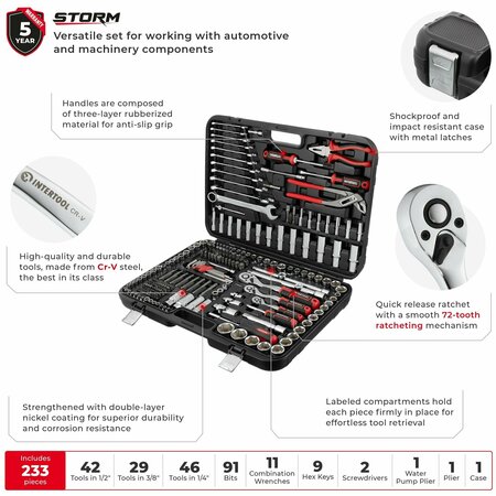 Intertool 1/4 in., 3/8 in., 1/2 in. Drive, Mechanics Tool Set, Sae, Metric, 233 pcs ET08-8233